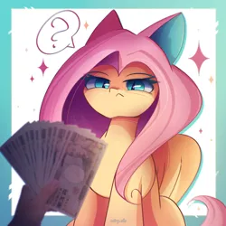 Size: 2300x2300 | Tagged: safe, artist:miryelis, derpibooru import, fluttershy, pegasus, pony, behaving like a cat, cat ears, image, long hair, meme, money, png, serious, serious face, signature, solo, sparkles, wings
