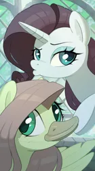 Size: 2000x3574 | Tagged: safe, artist:nookprint, derpibooru import, fluttershy, rarity, pegasus, pony, unicorn, duckface, image, png