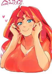 Size: 1400x2000 | Tagged: safe, artist:sozglitch, derpibooru import, sunset shimmer, human, big breasts, breasts, busty sunset shimmer, cleavage, cute, floating heart, hand on cheek, heart, huge breasts, humanized, image, jpeg, looking at you, shimmerbetes, signature, simple background, smiling, smiling at you, solo, white background