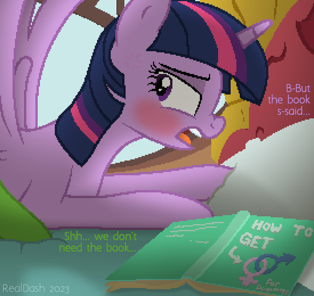 Size: 825x780 | Tagged: questionable, artist:realdash, derpibooru import, twilight sparkle, twilight sparkle (alicorn), oc, oc:anon, alicorn, pony, unicorn, annoyed, bed, blushing, book, dialogue, female, from behind, golden oaks library, image, implied anon, implied sex, library, lying down, male, mare, open mouth, pixel art, png, sex, spread wings, stallion, wings