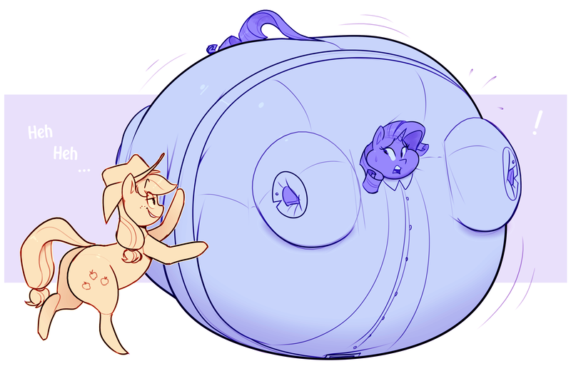 Size: 3900x2500 | Tagged: suggestive, artist:secretgoombaman12345, derpibooru import, applejack, rarity, earth pony, pony, unicorn, abstract background, bingo wings, bluebarity, blueberry inflation, charlie and the chocolate factory, duo, duo female, emanata, female, high res, image, immobile, inflation, laughing, limited palette, open mouth, plewds, png, spherical inflation, violet beauregarde, worried