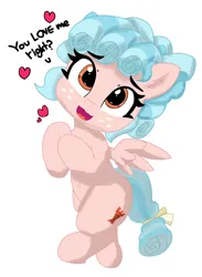 Size: 2280x3117 | Tagged: safe, artist:pabbley, color edit, derpibooru import, edit, cozy glow, pegasus, pony, belly button, bronybait, colored, cozybetes, cute, dialogue, ear fluff, female, filly, floating heart, foal, g4, heart, image, looking at you, mare, png, simple background, smiling, solo, white background
