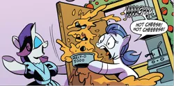 Size: 1302x648 | Tagged: safe, artist:andypriceart, derpibooru import, idw, rarity, unnamed character, unnamed pony, earth pony, pony, unicorn, spoiler:comic, spoiler:comicholiday2019, cheese, female, food, image, mare, png, this will end in death, this will end in tears, this will end in tears and/or death