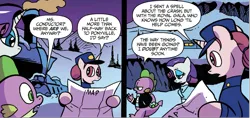 Size: 1533x726 | Tagged: safe, artist:andypriceart, derpibooru import, idw, rarity, spike, unnamed character, unnamed pony, dragon, earth pony, pony, unicorn, spoiler:comic, spoiler:comicholiday2019, clothes, conductor, conductor hat, female, food, image, map, mare, png, this will end in death, this will end in tears, tuxedo