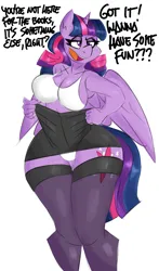 Size: 2400x4070 | Tagged: suggestive, artist:flutterthrash, derpibooru import, twilight sparkle, twilight sparkle (alicorn), alicorn, anthro, bedroom eyes, big breasts, bra, breasts, busty twilight sparkle, cleavage, clothes, dialogue, dress, female, image, imminent sex, jpeg, librarian, minidress, open mouth, open smile, out of character, panties, panty shot, simple background, skirt, smiling, socks, solo, solo female, stockings, thigh highs, thighs, thunder thighs, underwear, undressing, white background, wide hips, zettai ryouiki