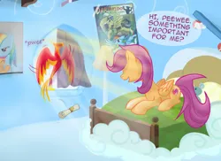 Size: 1100x800 | Tagged: safe, artist:redheadfly, derpibooru import, peewee, scootaloo, pony, image, jpeg, lying down, older, prone, tumblr:ask-adultscootaloo