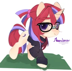 Size: 1817x1800 | Tagged: safe, artist:panrcillo_jelly, derpibooru import, moondancer, pony, unicorn, chibi, clothes, cute, dancerbetes, female, glasses, image, looking at you, png, raised hoof, smiling, smiling at you, solo, standing, sweater, taped glasses, three quarter view, walking