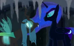Size: 4000x2500 | Tagged: safe, artist:khazard, derpibooru import, nightmare moon, queen chrysalis, alicorn, changeling, cave, ethereal mane, ethereal tail, glow, glowing eyes, high res, image, png, stalactite, tail