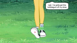 Size: 1364x766 | Tagged: safe, artist:chipmunkraccoonoz, derpibooru import, sunset shimmer, equestria girls, bubblegum, caption, clothes, converse, food, grass, gum, image, legs, pictures of legs, png, shoes, sneakers, solo, text