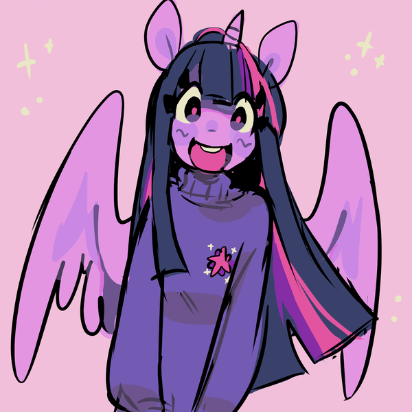 Size: 2000x2000 | Tagged: safe, artist:spaceboycelebration, derpibooru import, twilight sparkle, twilight sparkle (alicorn), alicorn, anthro, clothes, cutie mark, cutie mark on clothes, image, looking at you, open mouth, open smile, pink background, png, simple background, smiling, smiling at you, sparkles, sweater