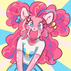 Size: 2000x2000 | Tagged: safe, artist:spaceboycelebration, derpibooru import, pinkie pie, anthro, earth pony, alternate design, clothes, cutie mark, cutie mark on clothes, image, open mouth, open smile, png, smiling, solo, striped background, twitterina design