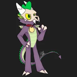 Size: 1249x1252 | Tagged: safe, artist:louarthur8, derpibooru import, spike, anthro, dragon, black background, collar, fusion, image, jpeg, king clawthorne, male, mask, signature, simple background, solo, the owl house, winged spike, wings