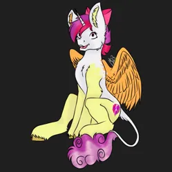 Size: 1249x1252 | Tagged: safe, artist:louarthur8, derpibooru import, apple bloom, scootaloo, sweetie belle, alicorn, pony, black background, bow, cutie mark, cutie mark crusaders, ear fluff, female, fusion, hair bow, image, jpeg, mare, signature, simple background, sitting, smiling, solo, the cmc's cutie marks, unshorn fetlocks