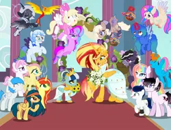 Size: 2048x1566 | Tagged: safe, derpibooru import, fluttershy, philomena, sunset shimmer, oc, oc:altersmay earth, oc:shadow lily, oc:star shine, ponified, unofficial characters only, alicorn, bat pony, earth pony, pegasus, pony, unicorn, bow, clothes, colored hooves, colored wings, crown, crying, dress, eyes closed, female, flower, flying, glasses, happy, heterochromia, image, jewelry, jpeg, looking at each other, looking at someone, male, mare, marriage, necklace, older altersmay earth, planet ponies, regalia, sunflower, tears of joy, wedding, wedding dress, wings