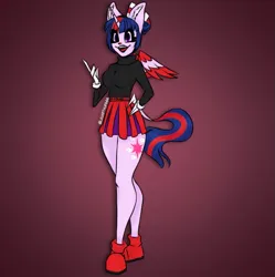 Size: 1249x1252 | Tagged: safe, artist:louarthur8, derpibooru import, twilight sparkle, alicorn, anthro, equestria girls, clothes, cuphead (character), ear fluff, female, gradient background, image, jpeg, signature, skirt, smiling, solo
