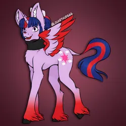 Size: 1249x1252 | Tagged: safe, artist:louarthur8, derpibooru import, twilight sparkle, twilight sparkle (alicorn), alicorn, pony, clothes, colored wings, cuphead (character), female, fusion, gradient background, image, jpeg, mare, scarf, signature, smiling, solo, two toned wings, unshorn fetlocks, wings
