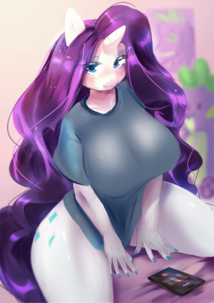 Size: 827x1169 | Tagged: suggestive, artist:kiwanonii, derpibooru import, rarity, spike, anthro, pony, unicorn, background, bedroom eyes, blue eyes, blushing, breasts, busty rarity, clothes, curly hair, ears, image, long hair, looking at you, nails, phone call, png, pose, shirt, solo, thick, wide hips