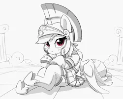 Size: 2020x1632 | Tagged: safe, artist:pabbley, derpibooru import, rainbow dash, pegasus, pony, armor, bedroom eyes, cute, dashabetes, female, grayscale, helmet, image, jpeg, legionary, looking at you, mare, monochrome, partial color, sitting, solo, tongue out
