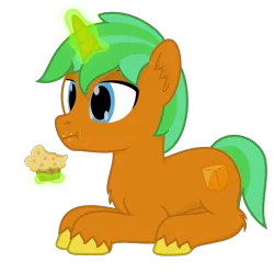 Size: 2000x2000 | Tagged: safe, artist:mrkm, derpibooru import, oc, oc:caramel star(mrkm), unofficial characters only, pony, unicorn, chest fluff, crumbs, eating, food, glow, glowing horn, horn, image, lying down, magic, male, muffin, png, ponyloaf, prone, simple background, solo, stallion, telekinesis, transparent background, unicorn oc, unshorn fetlocks