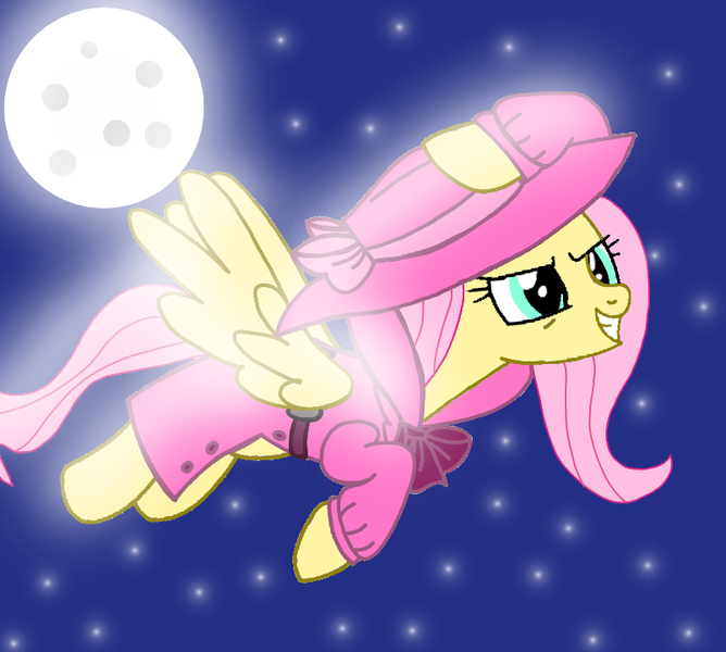 Size: 802x720 | Tagged: safe, artist:cotin2018, derpibooru import, fluttershy, pegasus, pony, clothes, detective, fedora, female, flying, hat, image, mare, moon, night, png, sky, solo, stars, trenchcoat