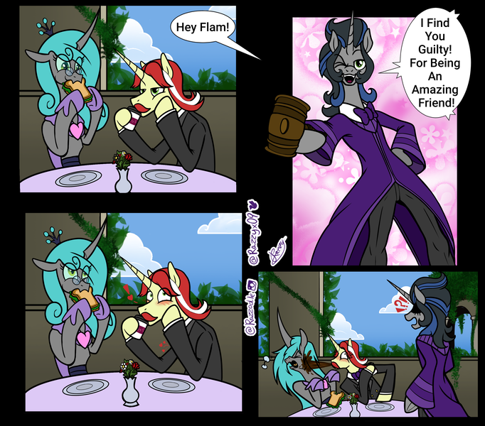 Size: 2843x2500 | Tagged: safe, artist:razzy, derpibooru import, flam, king sombra, queen chrysalis, changedling, changeling, unicorn, alternate universe, clothes swap, coffee, comic, flambra, food, gay, good king sombra, image, judge, male, mirror universe, png, reversalis, sandwich, shipping