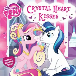 Size: 2560x2556 | Tagged: safe, derpibooru import, official, princess cadance, princess flurry heart, shining armor, alicorn, crystal pony, pony, unicorn, baby, book, book cover, cover, crystal heart kisses, crystallized, diaper, eyes closed, female, folded wings, g4, hairclip, heart, hoof shoes, horn, image, jpeg, male, mare, my little pony logo, princess shoes, sitting, squishy cheeks, stallion, tail, text, trio, unshorn fetlocks, wings