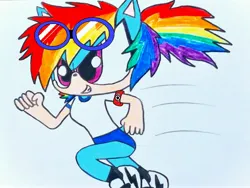 Size: 4032x3024 | Tagged: safe, artist:blue🐺wolf, derpibooru import, rainbow dash, anthro, hedgehog, buruma, clothes, goggles, gym uniform, image, japanese, jpeg, mobian, moon runes, running, shirt, shoes, short sleeves, simple background, solo, sonic the hedgehog (series), sonicified, species swap, sports panties, swimming goggles