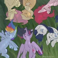 Size: 2560x2560 | Tagged: safe, artist:metaruscarlet, derpibooru import, applejack, fluttershy, pinkie pie, rainbow dash, rarity, twilight sparkle, twilight sparkle (alicorn), alicorn, earth pony, pegasus, pony, unicorn, applejack's hat, cowboy hat, eyes closed, grass, hat, image, mane six, nap, open mouth, png, sleeping