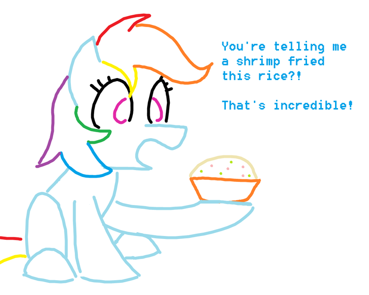 Size: 1000x800 | Tagged: safe, artist:purblehoers, derpibooru import, rainbow dash, pegasus, pony, shrimp, bowl, female, food, image, joke, mare, ms paint, png, rice, simple background, sitting, solo, talking, text, white background
