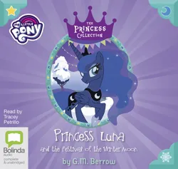 Size: 1594x1510 | Tagged: safe, derpibooru import, official, princess luna, alicorn, pony, my little pony princess collection, princess luna and the festival of the winter moon, audiobook, audiobook cover, bunting, clothes, cover, female, folded wings, g.m. berrow, image, jewelry, jpeg, mare, moon, my little pony logo, peytral, raised hoof, shoes, snow, snowflake, solo, stars, string lights, text, tiara, wings