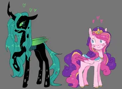 Size: 2048x1500 | Tagged: safe, artist:spaceboycelebration, derpibooru import, princess cadance, queen chrysalis, alicorn, changeling, changeling queen, pony, alternate universe, cadalis, duo, female, gray background, heart, image, infidelity, lesbian, png, shipping, simple background