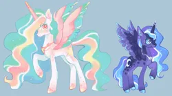 Size: 2048x1140 | Tagged: safe, artist:spaceboycelebration, derpibooru import, princess celestia, princess luna, alicorn, pony, alternate design, alternate universe, blue background, image, png, simple background, twitterina design