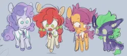 Size: 1622x725 | Tagged: safe, artist:spaceboycelebration, derpibooru import, apple bloom, scootaloo, spike, sweetie belle, dragon, earth pony, pegasus, pony, unicorn, alternate design, alternate universe, cutie mark crusaders, gray background, group, image, jpeg, quartet, redesign, simple background