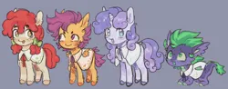 Size: 2048x803 | Tagged: safe, artist:spaceboycelebration, derpibooru import, apple bloom, scootaloo, spike, sweetie belle, dragon, earth pony, pegasus, pony, unicorn, alternate design, alternate universe, cutie mark crusaders, gray background, group, image, png, quadrupedal, quadrupedal spike, quartet, redesign, simple background