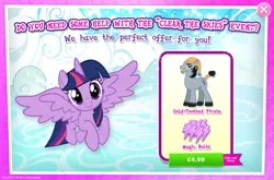 Size: 1965x1298 | Tagged: safe, derpibooru import, idw, official, twilight sparkle, twilight sparkle (alicorn), unnamed character, unnamed pony, alicorn, earth pony, pony, advertisement, clear the skies, costs real money, ear piercing, earring, english, female, flying, gameloft, gold tooth, hat, horn, idw showified, image, jewelry, jpeg, magic bolt, male, mare, mobile game, my little pony: magic princess, numbers, piercing, spread wings, stallion, text, unshorn fetlocks, wings