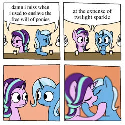 Size: 640x640 | Tagged: safe, artist:notfocks, derpibooru import, starlight glimmer, trixie, pony, unicorn, no second prances, comic, commission, dialogue, drink, duo focus, eyes closed, female, glass, hoof on cheek, image, jpeg, kissing, lesbian, looking at each other, looking at someone, making out, mare, offscreen character, shipping, speech bubble, startrix