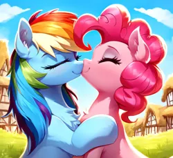 Size: 3072x2808 | Tagged: safe, ai content, derpibooru import, machine learning generated, pinkie pie, rainbow dash, cute, female, image, kissing, lesbian, pinkiedash, png, ponyville, shipping