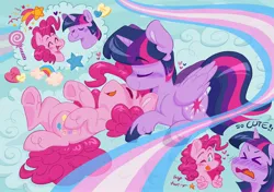 Size: 2048x1444 | Tagged: safe, artist:fangedcreeture, derpibooru import, pinkie pie, twilight sparkle, twilight sparkle (alicorn), alicorn, earth pony, pony, >.<, ><, cloud, duo, duo female, eyebrows, eyebrows visible through hair, eyes closed, female, folded wings, heart, horn, image, jpeg, lesbian, lying down, mare, on back, one eye closed, open mouth, pride, pride flag, shipping, signature, tongue out, transgender pride flag, twinkie, underhoof, unshorn fetlocks, wings, wink