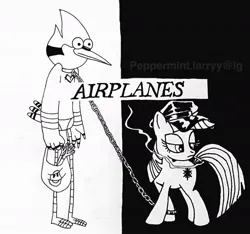 Size: 1080x1009 | Tagged: safe, derpibooru import, twilight sparkle, bird, blue jay, unicorn, airplanes (song), black and white, chains, cigarette, clothes, crossover, crossover shipping, female, grayscale, grocery store, hat, image, instagram, jpeg, male, monochrome, mordecai, mordetwi, regular show, shipping, signature, straight, underwear