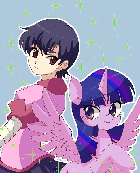 Size: 2440x3010 | Tagged: safe, artist:plusplus_pony, derpibooru import, twilight sparkle, twilight sparkle (alicorn), alicorn, human, anime, bakemonogatari, blue background, duo, duo female, female, horn, human female, image, jpeg, kanbaru suruga, outline, simple background, sparkles, spread wings, white outline, wings