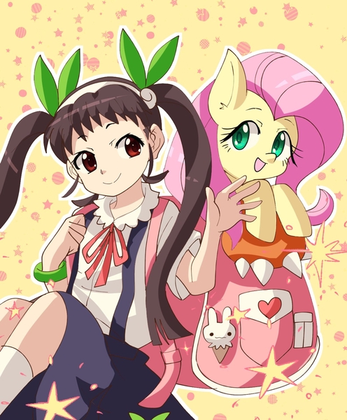 Size: 2460x2976 | Tagged: safe, artist:plusplus_pony, derpibooru import, fluttershy, human, pegasus, rabbit, animal, anime, bag, bakemonogatari, clothes, duo, duo female, female, human female, image, jpeg, mayoi hachikuji, outline, polka dots, ribbon, schoolgirl, simple background, stars, white outline, wristband, yellow background