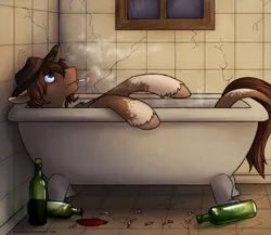 Size: 1150x1000 | Tagged: safe, artist:yarugreat, derpibooru import, oc, unofficial characters only, pony, unicorn, bathtub, cigarette, image, png, smoking, solo