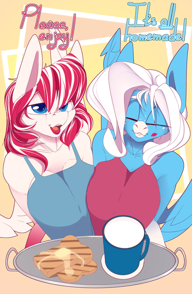 Size: 2700x4136 | Tagged: suggestive, artist:chapaevv, derpibooru import, oc, oc:cherry blossom, oc:icy heart, unofficial characters only, anthro, anthro oc, apron, bread, breasts, butter, clothes, duo, duo female, female, food, image, kiss mark, lipstick, male, male pov, milk, naked apron, offscreen character, offscreen male, partial nudity, patreon, patreon reward, png, pov, tray