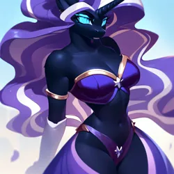 Size: 3072x3072 | Tagged: suggestive, derpibooru import, machine learning generated, stable diffusion, nightmare rarity, anthro, unicorn, ai content, beautisexy, bra, clothes, curvy, ethereal mane, generator:pony diffusion v5, generator:purplesmart.ai, hourglass figure, image, panties, png, sexy, slit pupils, stupid sexy nightmare rarity, underwear