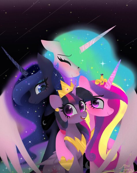 Size: 1620x2048 | Tagged: safe, artist:petaltwinkle, derpibooru import, princess cadance, princess celestia, princess luna, twilight sparkle, twilight sparkle (alicorn), alicorn, pony, alicorn tetrarchy, blushing, crown, eyes closed, female, hug, image, jewelry, jpeg, mare, open mouth, open smile, peytral, regalia, smiling, winghug, wings