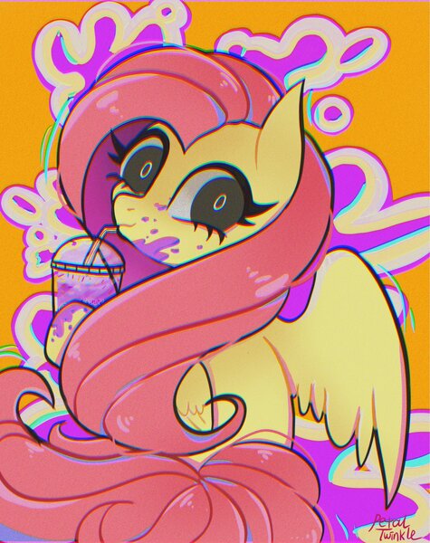 Size: 1620x2048 | Tagged: safe, artist:petaltwinkle, derpibooru import, fluttershy, pegasus, pony, abstract background, drink, drinking, female, grimace shake, hoof hold, image, jpeg, looking at you, looking back, looking back at you, mare, mcdonald's, meme, milkshake, one wing out, solo, wings