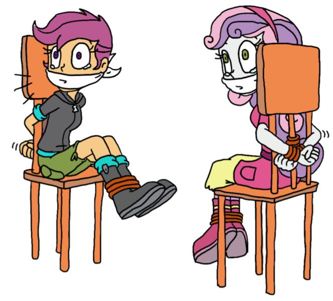 Size: 982x888 | Tagged: safe, derpibooru import, scootaloo, sweetie belle, human, equestria girls, background removed, bondage, bound and gagged, cloth gag, crying, gag, help us, humanized, image, png, scared, sitting, tied to chair, tied up, worried