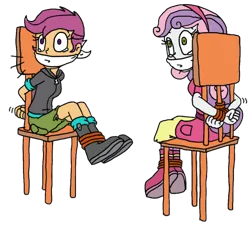 Size: 982x888 | Tagged: safe, derpibooru import, scootaloo, sweetie belle, human, equestria girls, background removed, bondage, bound and gagged, cloth gag, crying, gag, help us, humanized, image, png, scared, sitting, tied to chair, tied up, worried
