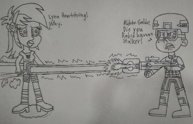 Size: 2242x1440 | Tagged: semi-grimdark, artist:aldringaldofightww2, derpibooru import, lyra heartstrings, oc, oc:aldrin galdo, equestria girls, angry, clothes, crying, death, image, jpeg, laser, laser rifle, military, tears of pain, this will end in death, traditional art