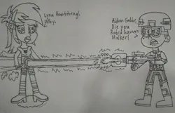 Size: 2242x1440 | Tagged: semi-grimdark, artist:aldringaldofightww2, derpibooru import, lyra heartstrings, oc, oc:aldrin galdo, equestria girls, angry, clothes, crying, death, image, jpeg, laser, laser rifle, military, tears of pain, this will end in death, traditional art